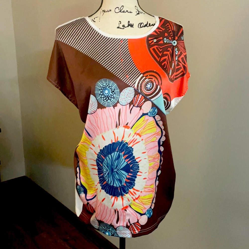 Paparazzi Brown Orange Multi color shirt top tunic cap sleeve Size M Medium